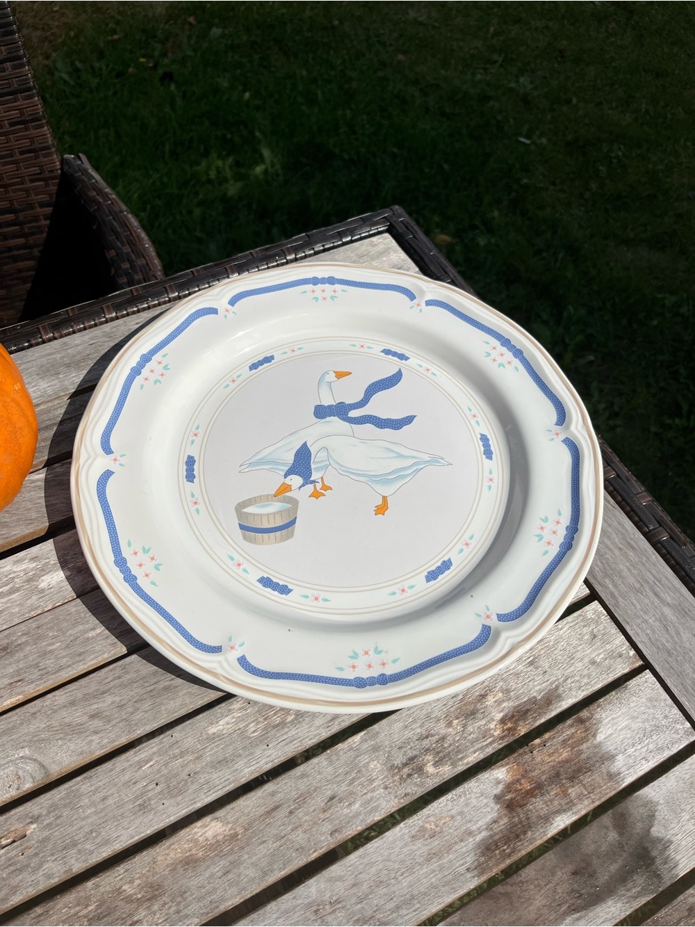 White Ceramic Platter with Blue Goose Motif—12in Diameter